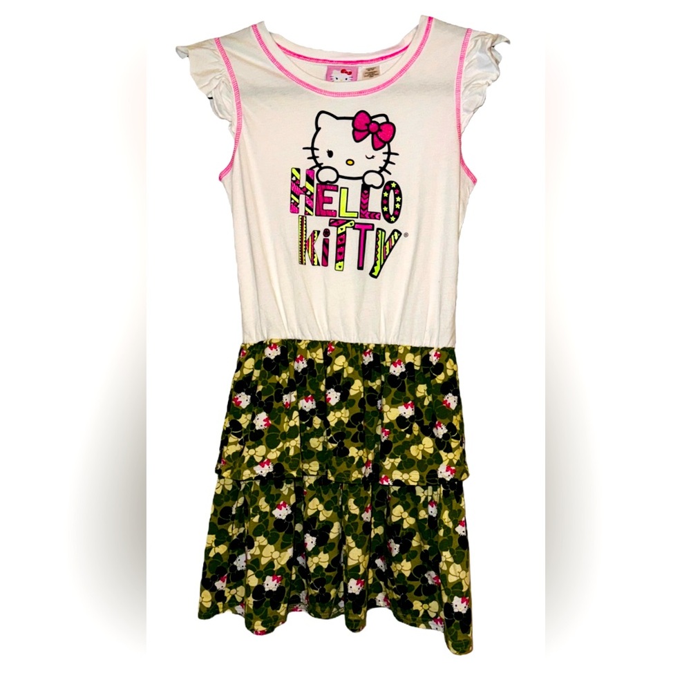 Hello Kitty Sanrio Girls Green Camouflage Ruffle Dress Size Large 10-12